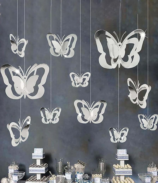 Motyle 3D srebrne – dekoracja wisząca 11 szt. na sufit i ścianę