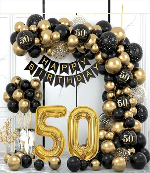 Zestaw Balonów Urodzinowych 50 Urodziny Czarno Złoty XXL Dekoracje