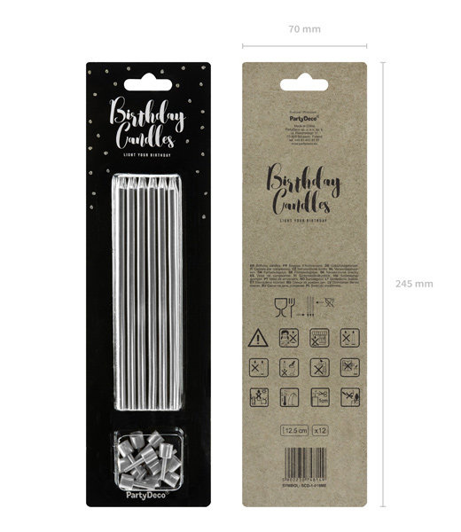Świeczki urodzinowe na tort SREBRNE 12szt.