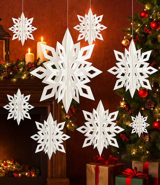 Papierowe Płatki Śniegu 3D, Białe, 6 szt. – Świąteczna Dekoracja