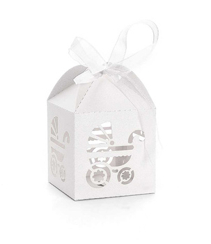 Pudełeczko prezentowe wózek – białe Dekoracja na baby shower, chrzest