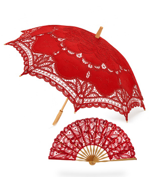 KOMPLET Classic Lace - Czerwony Parasol Koronkowy + Wachlarz
